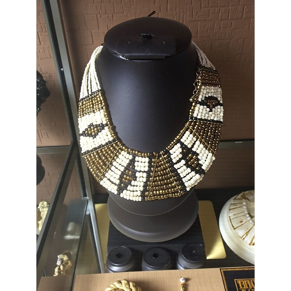 Vintage Egyptian Revival Seed Bead Bib Necklace Gold Black Tribal Collar Boho